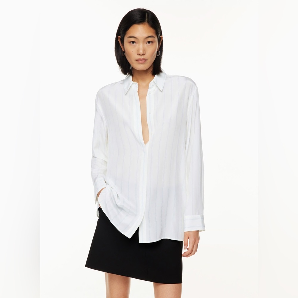 Babaton Silk Button Up Blouse- white with blue stripe